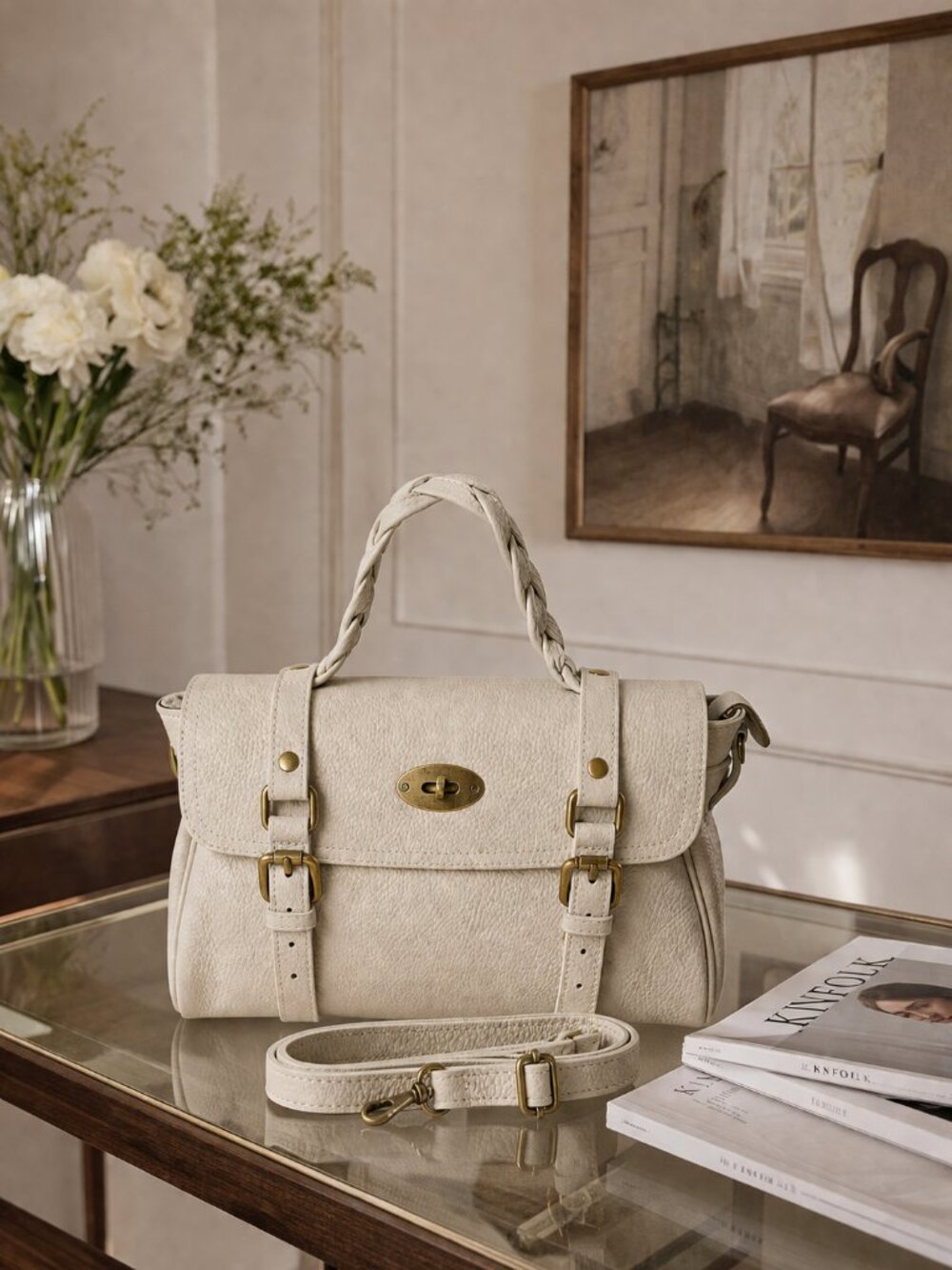Italian Leather Satchel Bag, Beige Pebbled Vintage Doctor Style Crossbody Purse